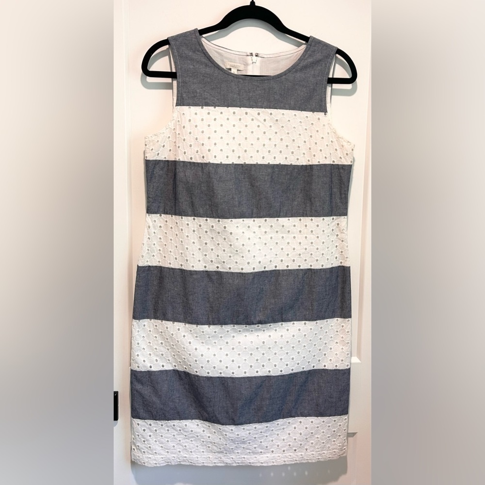 Talbots Petite Eyelet Stripe Shift Dress 8P Blue White Cotton Summer - Picture 2 of 8